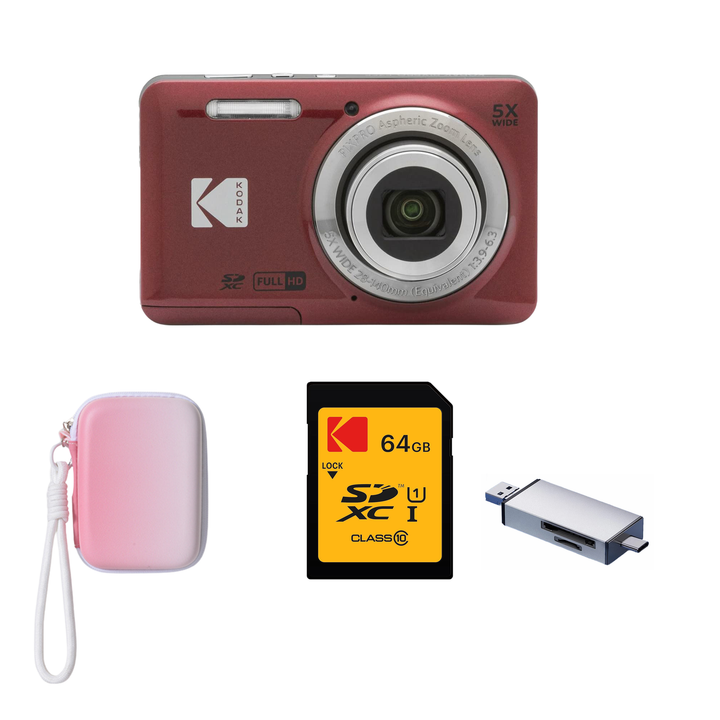 KODAK PIXPRO FZ55 Digital Camera, Red, Gradient Pink Strap Carry Case, 64GB SD Card, Silver Card Reader Bundle - image 1