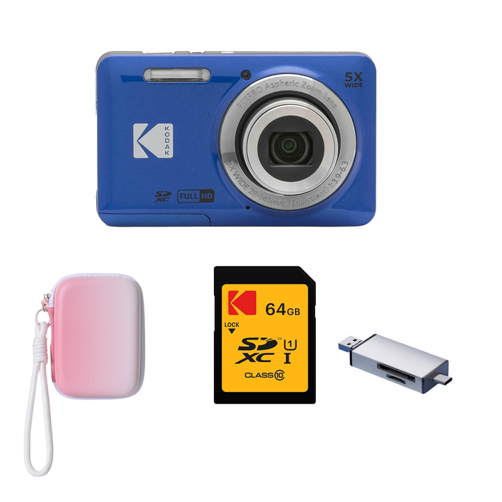 KODAK PIXPRO FZ55 Digital Camera, Blue, Gradient Pink Strap Carry Case, 64GB SD Card, Silver Card Reader Bundle - image 1