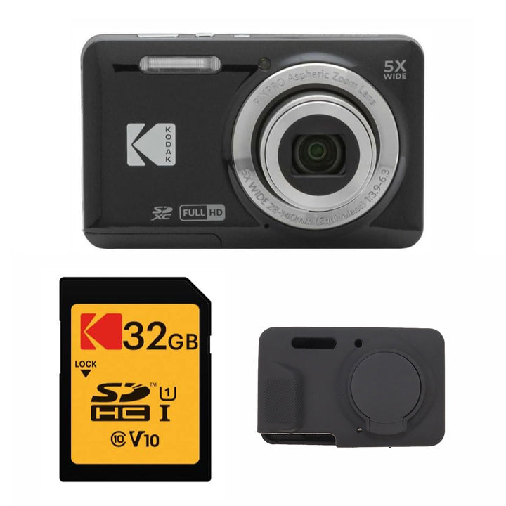 KODAK PIXPRO FZ55 Digital Camera, Black, 32GB SD Card, Black Silicone Case Bundle