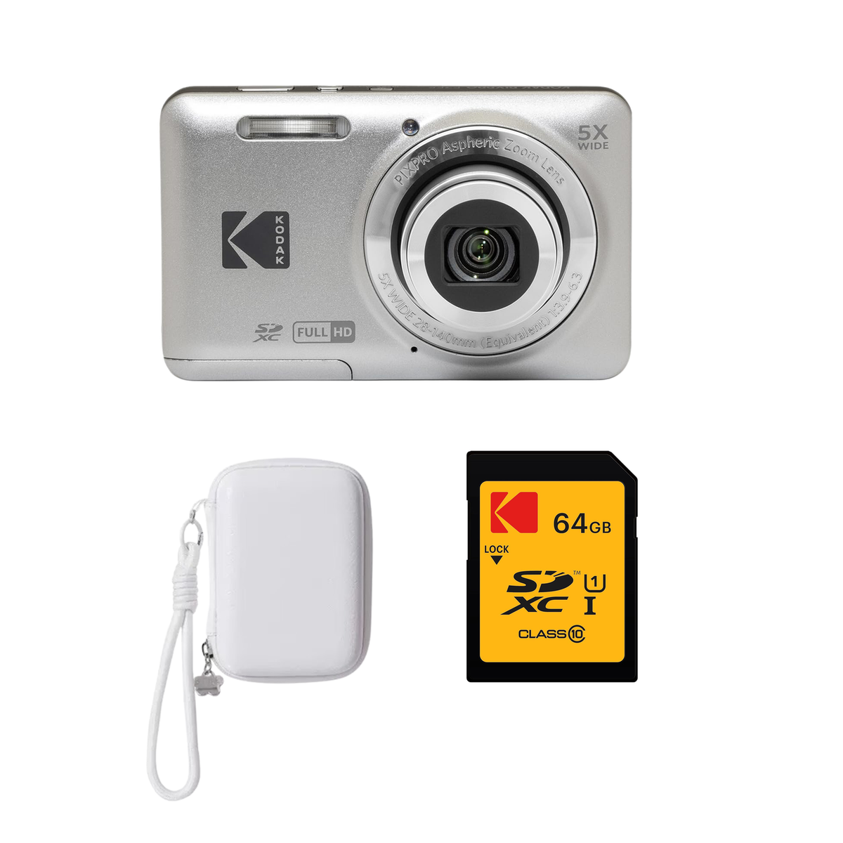 KODAK PIXPRO FZ55 Digital Camera, Silver, Ivory Strap Carry Case, 64GB SD Card Bundle - image 1