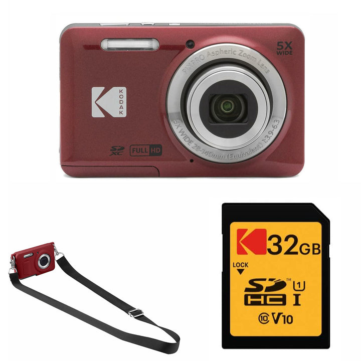 KODAK PIXPRO FZ55 Digital Camera, Red, 32GB SD Card, Red Strap Silicone Case Bundle