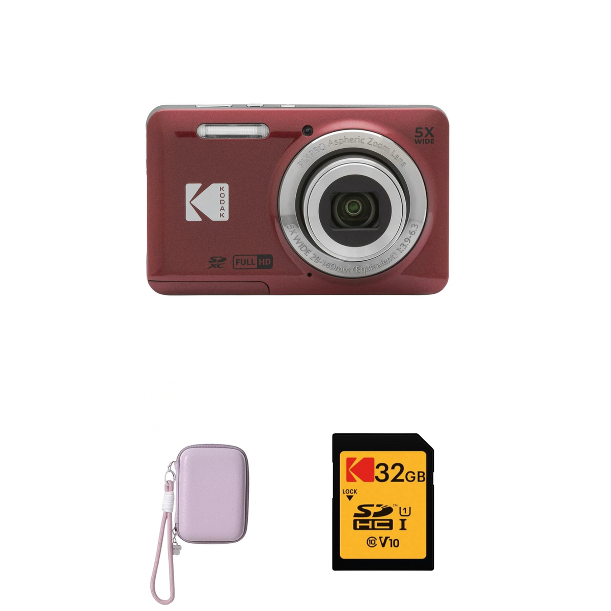 KODAK PIXPRO FZ55 Digital Camera, Red, Purple Strap Carry Case, 32GB SD Card Bundle — image 1
