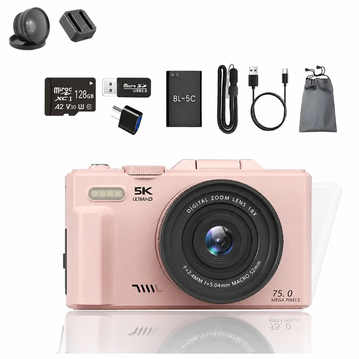 FLATIC Compact Digital Camera, Pink, 128GB SD Card - image 1
