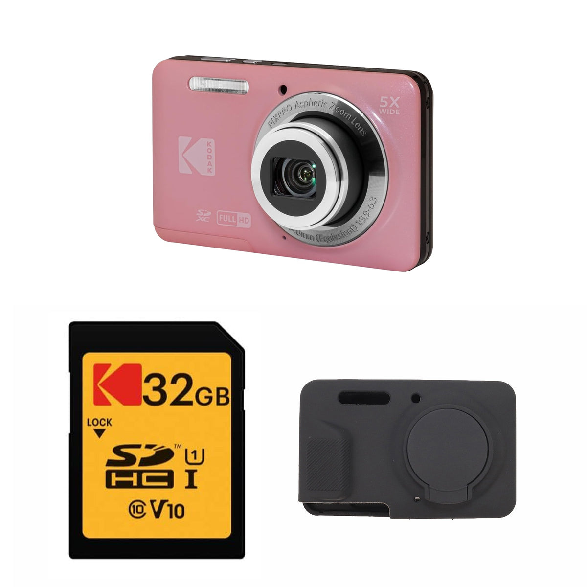 KODAK PIXPRO FZ55 Digital Camera, Pink, 32GB SD Card, Black Silicone Case Bundle — image 1