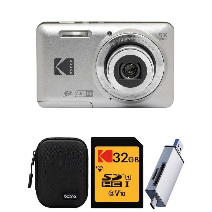 KODAK PIXPRO FZ55 Digital Camera, Silver, Black Carry Case, 32GB SD Card, Silver Card Reader Bundle