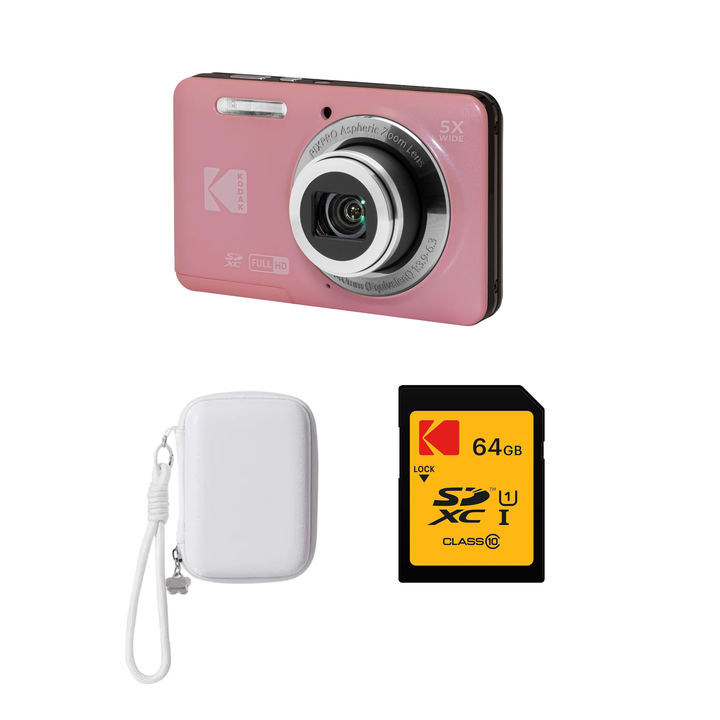 KODAK PIXPRO FZ55 Digital Camera, Pink, Ivory Strap Carry Case, 64GB SD Card Bundle - image 1