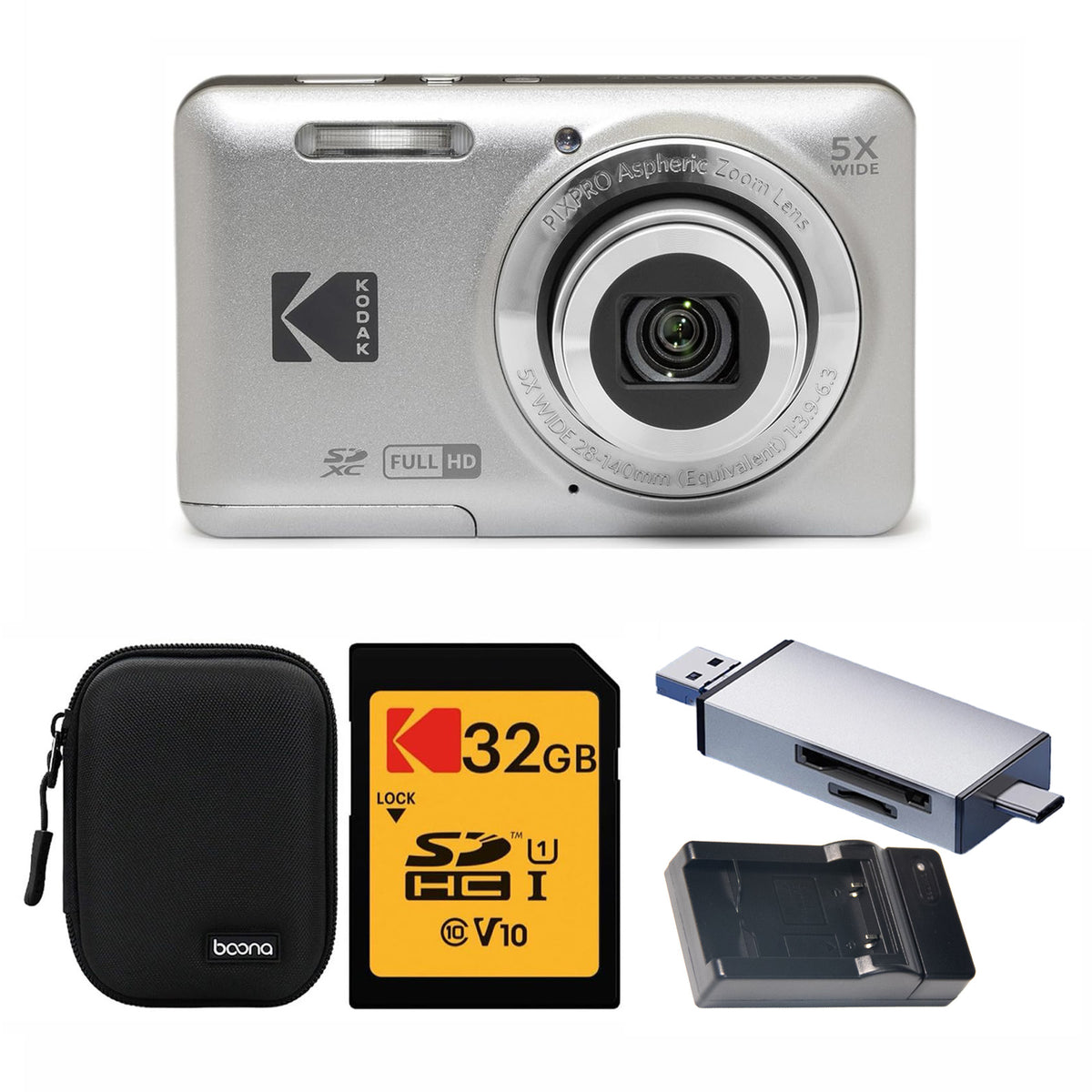 KODAK PIXPRO FZ55 Digital Camera, Silver, Black Carry Case, 32GB SD Card, Silver Card Reader, Charging Cradle, Solid Style Bundle — image 1