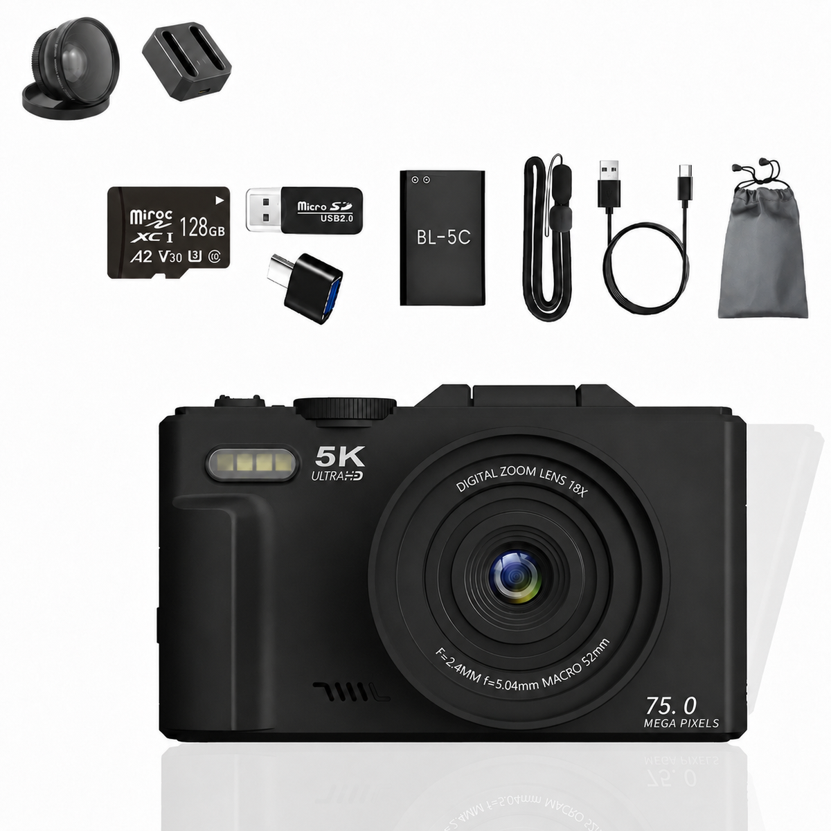 FLATIC Compact Digital Camera, Black, 128GB SD Card - image 1