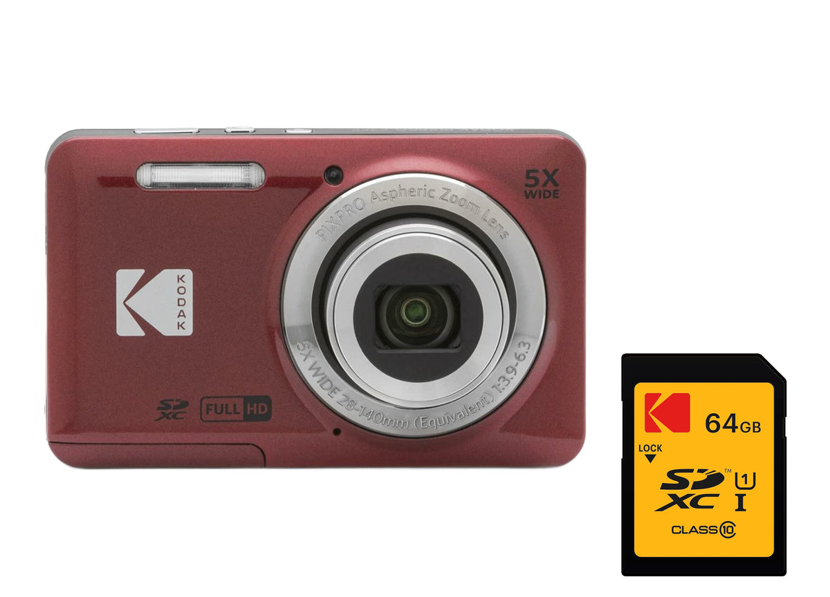 KODAK PIXPRO FZ55 Digital Camera, Red, 64GB SD Card Bundle — image 1