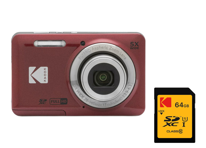 KODAK PIXPRO FZ55 Digital Camera, Red, 64GB SD Card Bundle