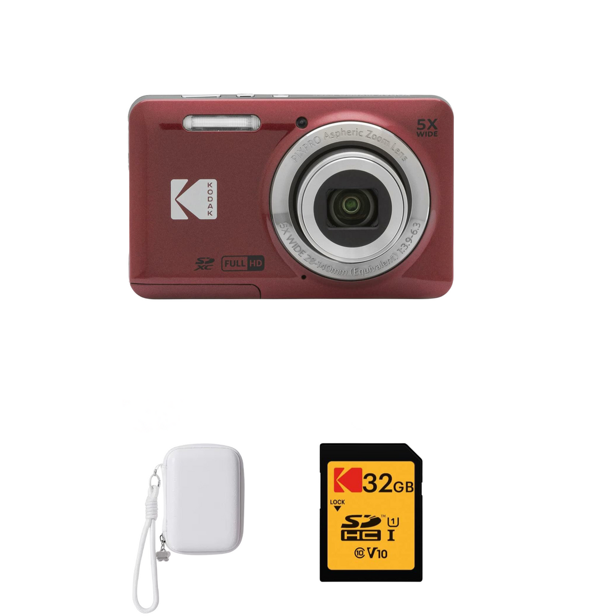 KODAK PIXPRO FZ55 Digital Camera, Red, White Strap Carry Case, 32GB SD Card Bundle — image 1