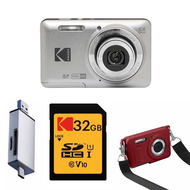 KODAK PIXPRO FZ55 Digital Camera, Silver, 32GB SD Card, Silver Card Reader, Red Strap Silicone Case Bundle