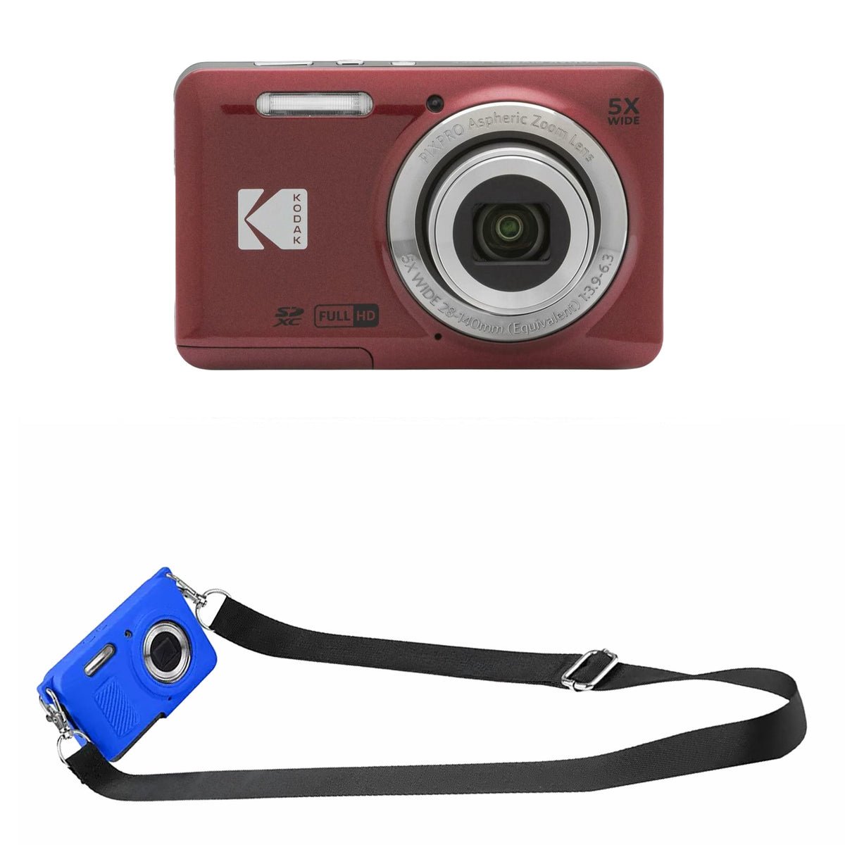 KODAK PIXPRO FZ55 Digital Camera, Red, Blue Strap Silicone Case Bundle — image 1