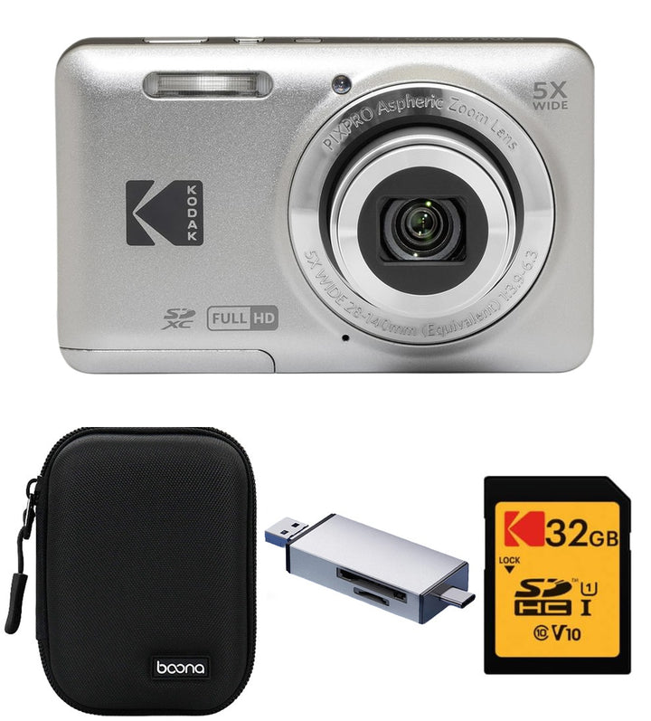 KODAK PIXPRO FZ55 Digital Camera, Silver, Black Carry Case, 32GB SD Card, Silver Card Reader, Solid Close-Up Style Bundle