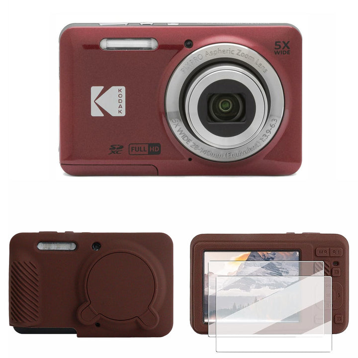 KODAK PIXPRO FZ55 Digital Camera, Red, Brown Cat Silicone Case Bundle