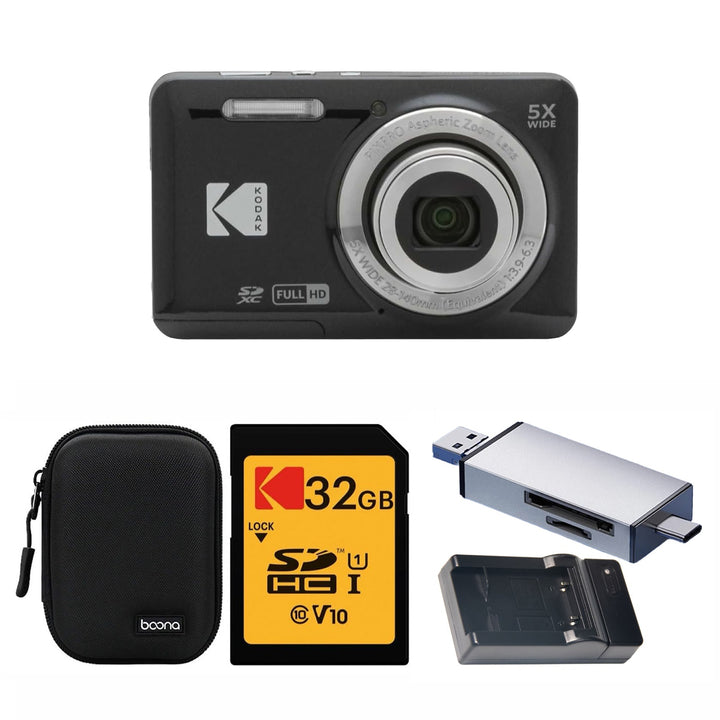 KODAK PIXPRO FZ55 Digital Camera, Black, Black Carry Case, 32GB SD Card, Silver Card Reader, Charging Cradle, Solid Style Bundle