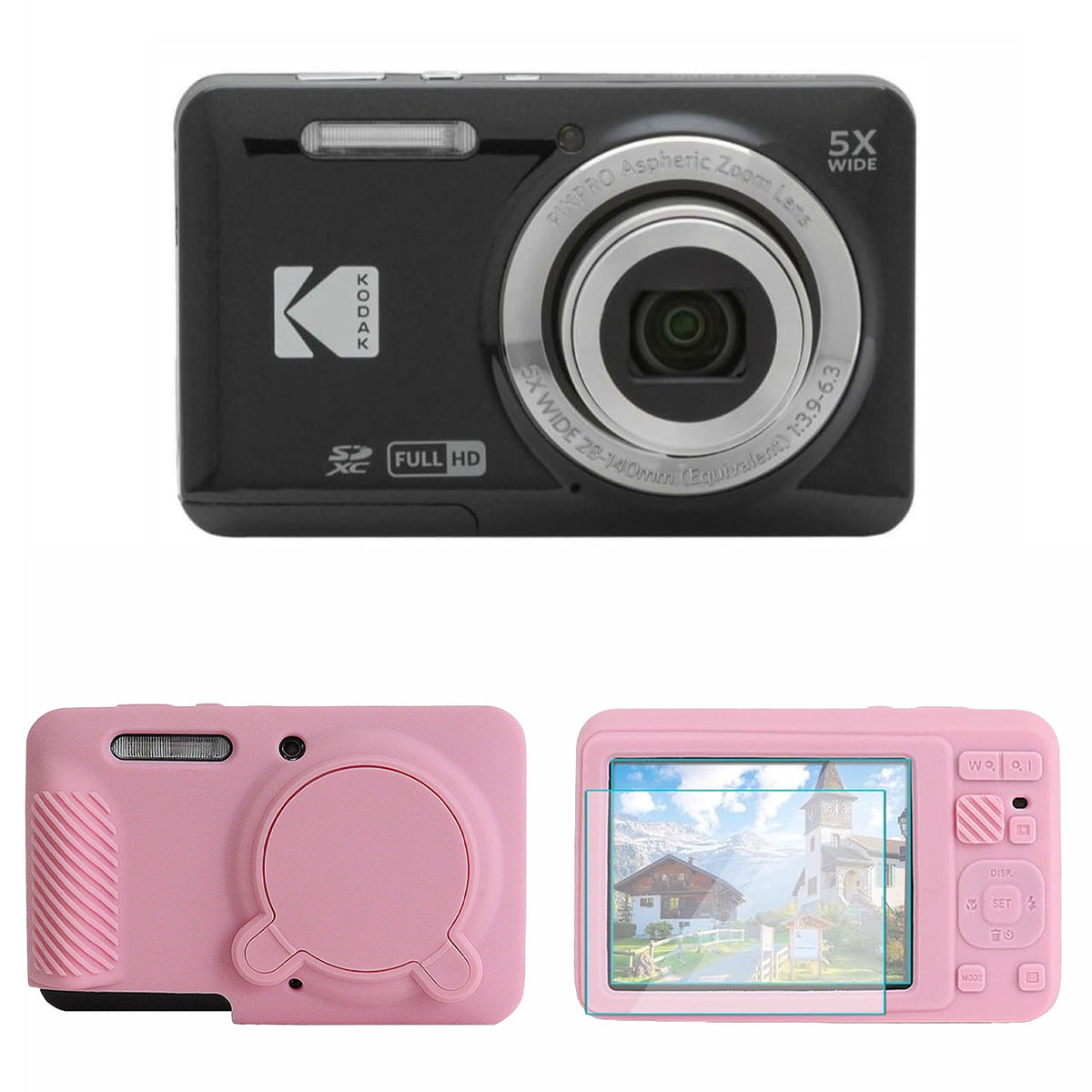 KODAK PIXPRO FZ55 Digital Camera, Black, Pink Cat Silicone Case Bundle — image 1