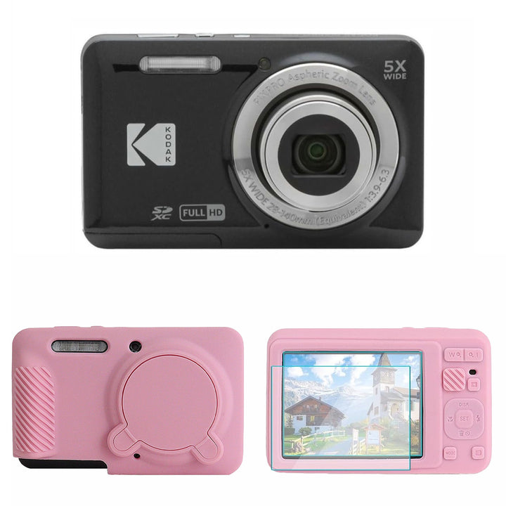 KODAK PIXPRO FZ55 Digital Camera, Black, Pink Cat Silicone Case Bundle