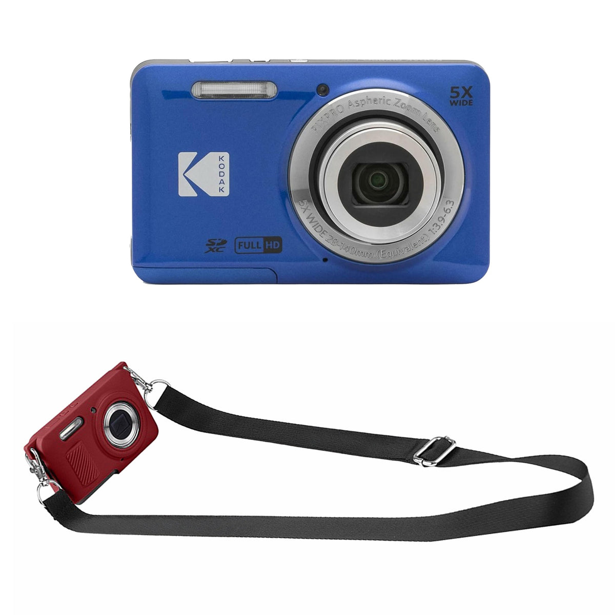 KODAK PIXPRO FZ55 Digital Camera, Blue, Red Strap Silicone Case Bundle — image 1