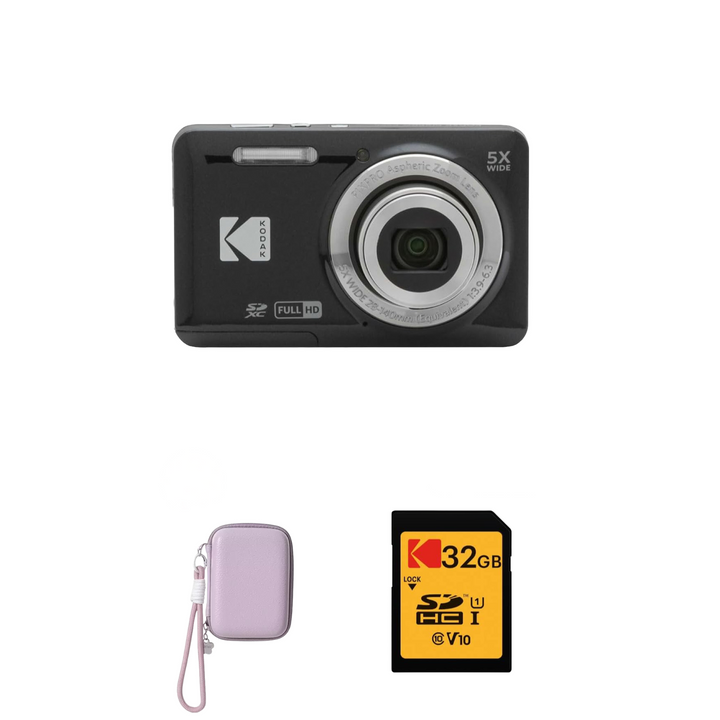 KODAK PIXPRO FZ55 Digital Camera, Black, Purple Strap Carry Case, 32GB SD Card Bundle