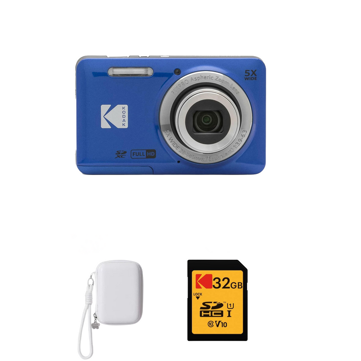 KODAK PIXPRO FZ55 Digital Camera, Blue, White Strap Carry Case, 32GB SD Card Bundle