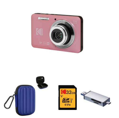 KODAK PIXPRO FZ55 Digital Camera, Pink, Blue Carry Case, 32GB SD Card, Silver Card Reader Bundle