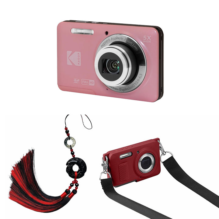 KODAK PIXPRO FZ55 Digital Camera, Pink, Red Strap Silicone Case, Tassel Charm Bundle