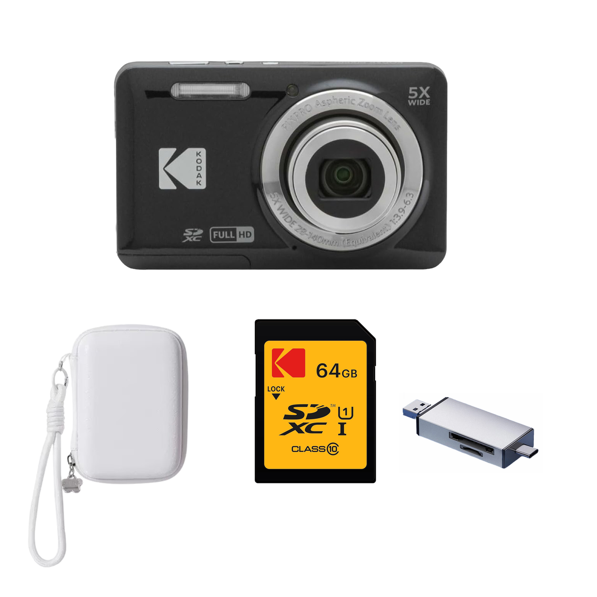 KODAK PIXPRO FZ55 Digital Camera, Black, Ivory Strap Carry Case, 64GB SD Card, Silver Card Reader Bundle - image 1