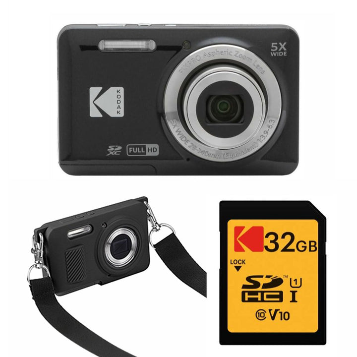 KODAK PIXPRO FZ55 Digital Camera, Black, 32GB SD Card, Black Strap Silicone Case Bundle