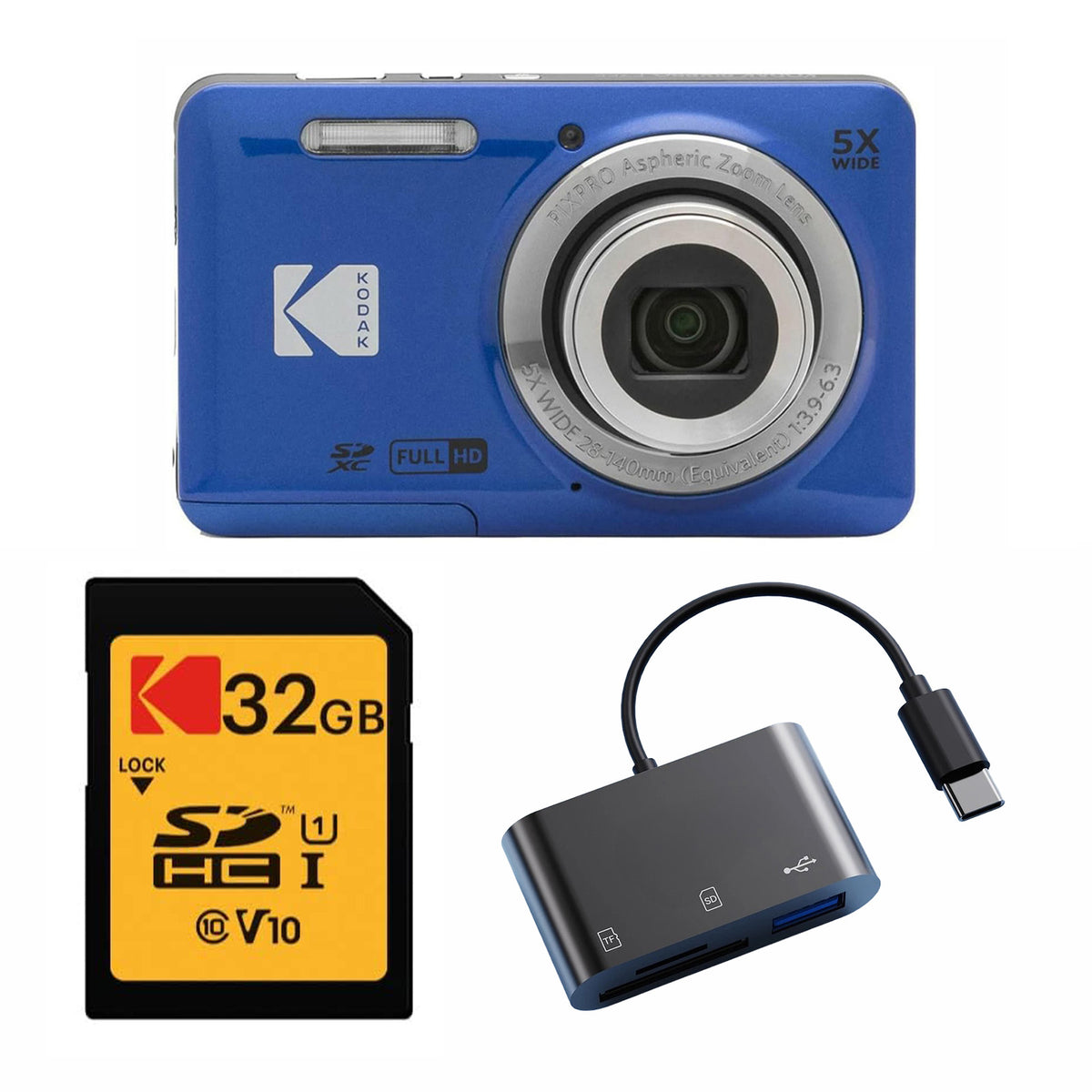 KODAK PIXPRO FZ55 Digital Camera, Blue, 32GB SD Card, Black Card Reader Bundle — image 1