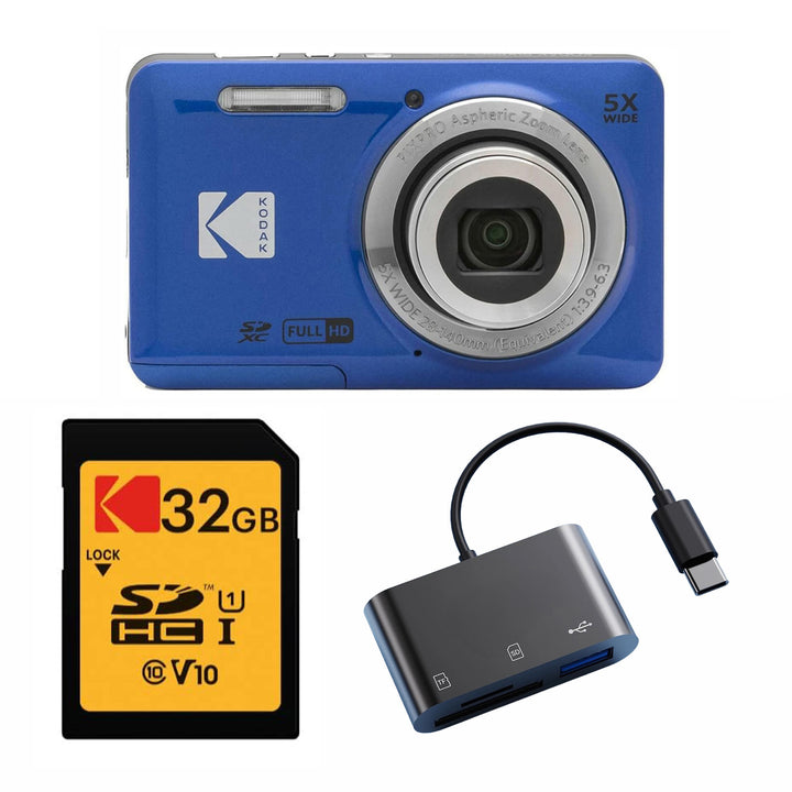 KODAK PIXPRO FZ55 Digital Camera, Blue, 32GB SD Card, Black Card Reader Bundle