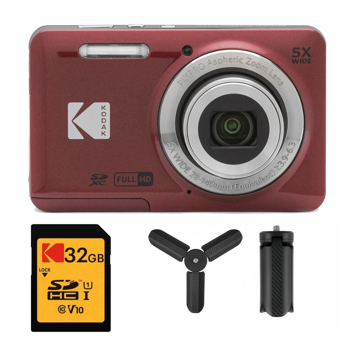 KODAK PIXPRO FZ55 Digital Camera, Red, 32GB SD Card, Mini Tripod Bundle — image 1