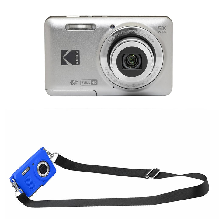 KODAK PIXPRO FZ55 Digital Camera, Silver, Blue Strap Silicone Case Bundle
