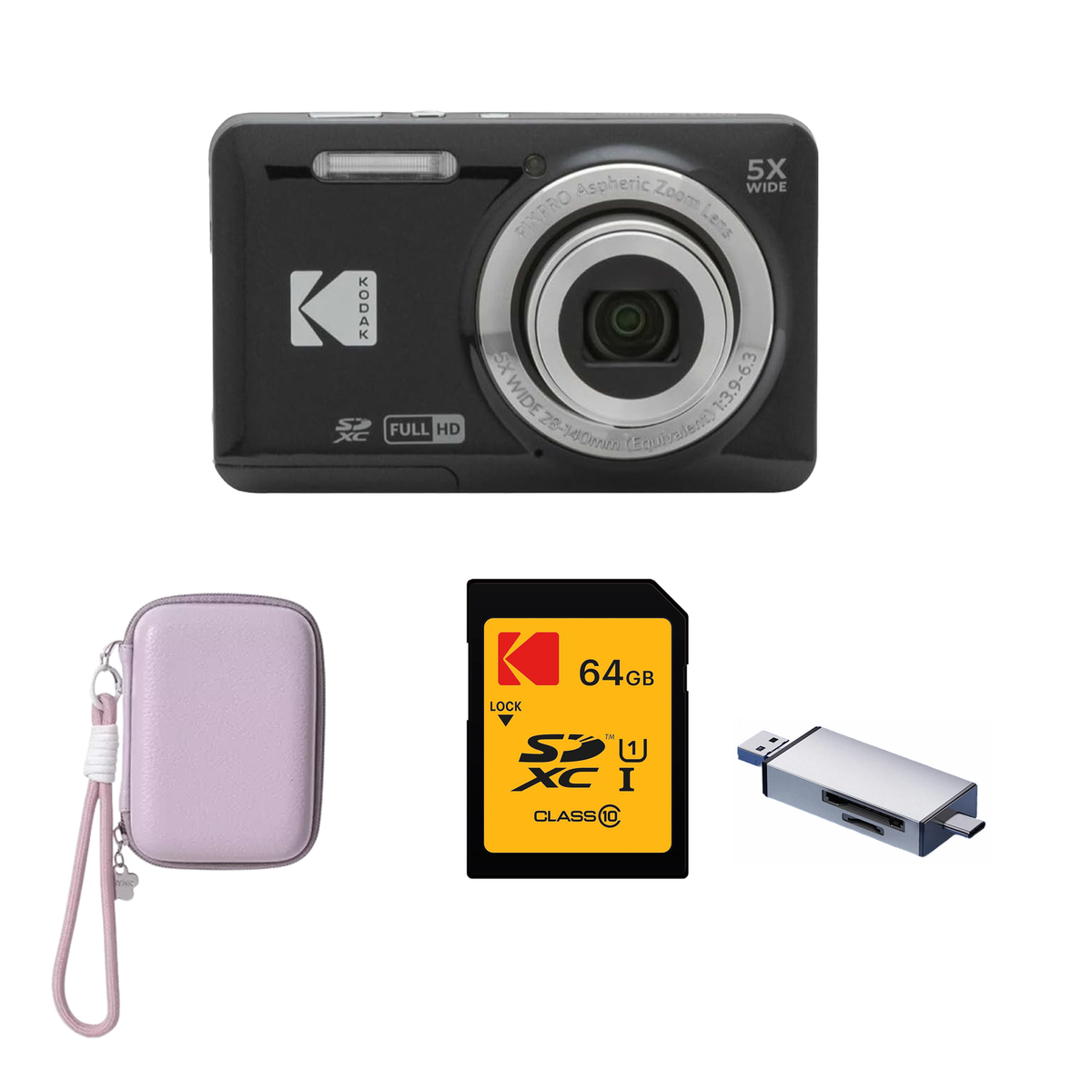 KODAK PIXPRO FZ55 Digital Camera, Black, Lilac Strap Carry Case, 64GB SD Card, Silver Card Reader Bundle - image 1