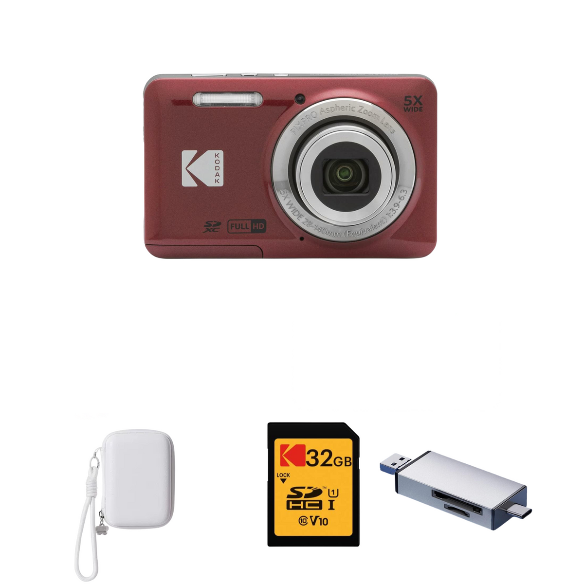 KODAK PIXPRO FZ55 Digital Camera, Red, White Strap Carry Case, 32GB SD Card, Silver Card Reader Bundle — image 1