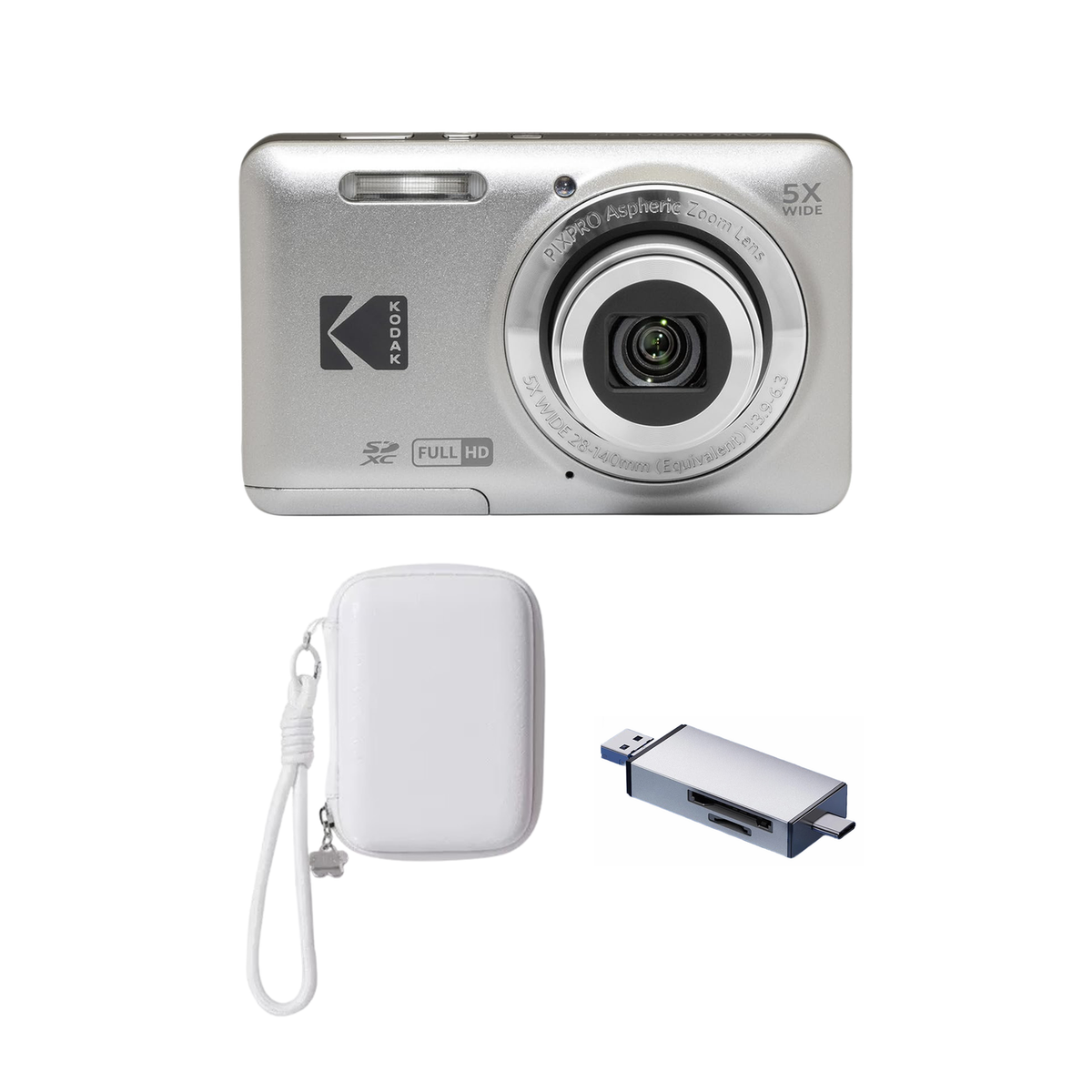 KODAK PIXPRO FZ55 Digital Camera, Silver, Ivory Strap Carry Case, Silver Card Reader Bundle - image 1