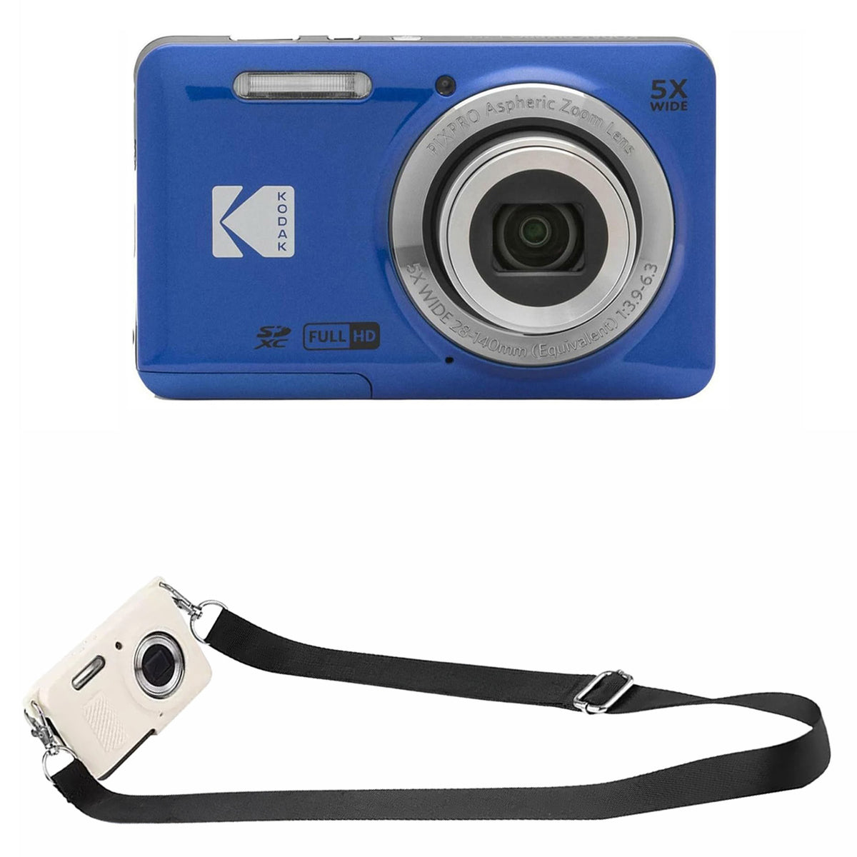 KODAK PIXPRO FZ55 Digital Camera, Blue, White Strap Silicone Case Bundle — image 1