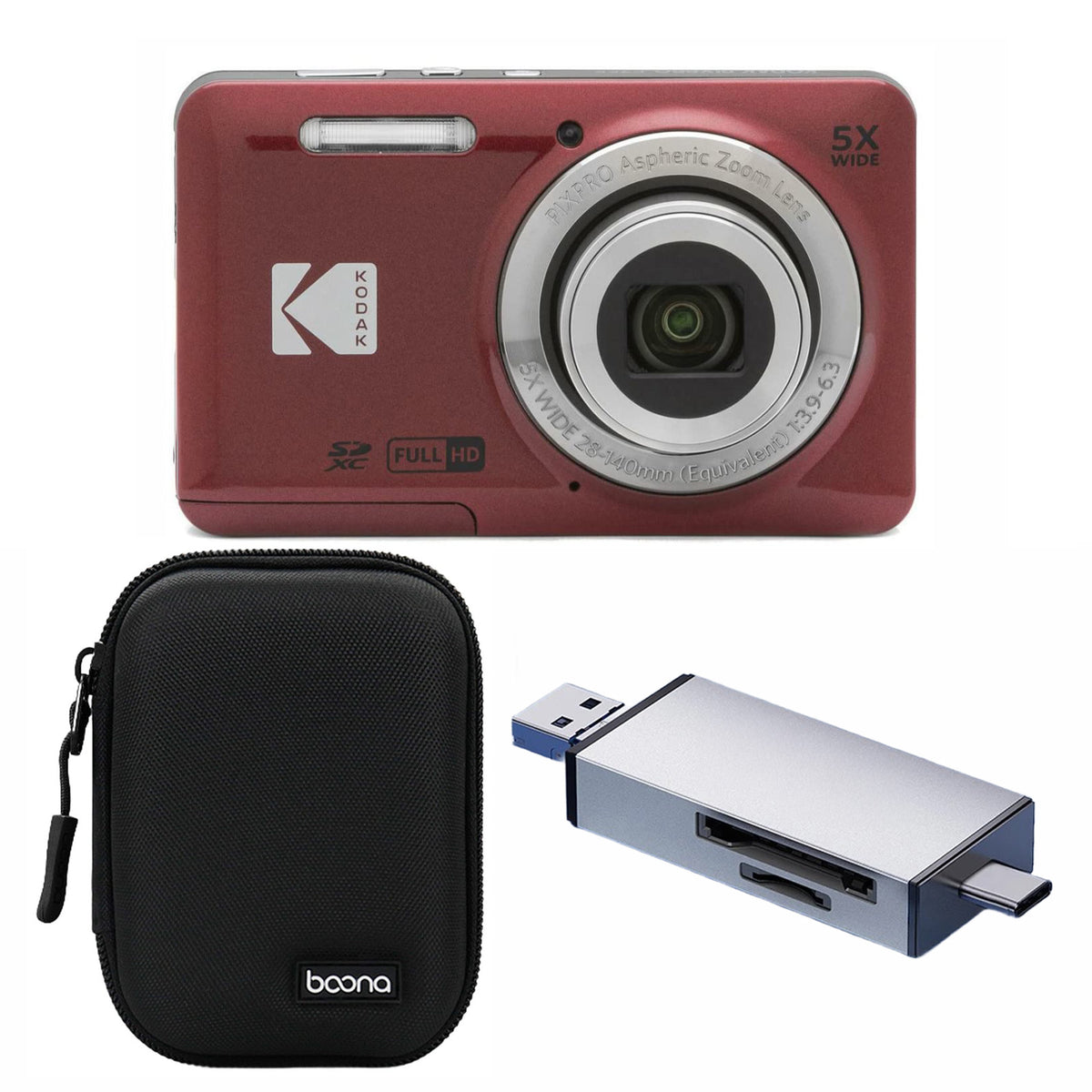 KODAK PIXPRO FZ55 Digital Camera, Red, Black Carry Case, Silver Card Reader Bundle — image 1