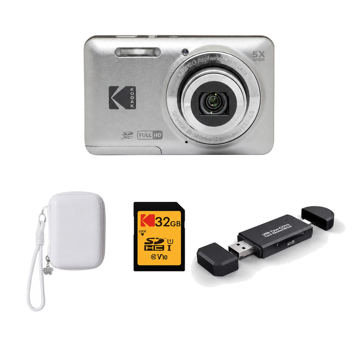 KODAK PIXPRO FZ55 Digital Camera, Silver, Ivory Strap Carry Case, 32GB SD Card, 3-in-1 Card Reader Bundle - image 1