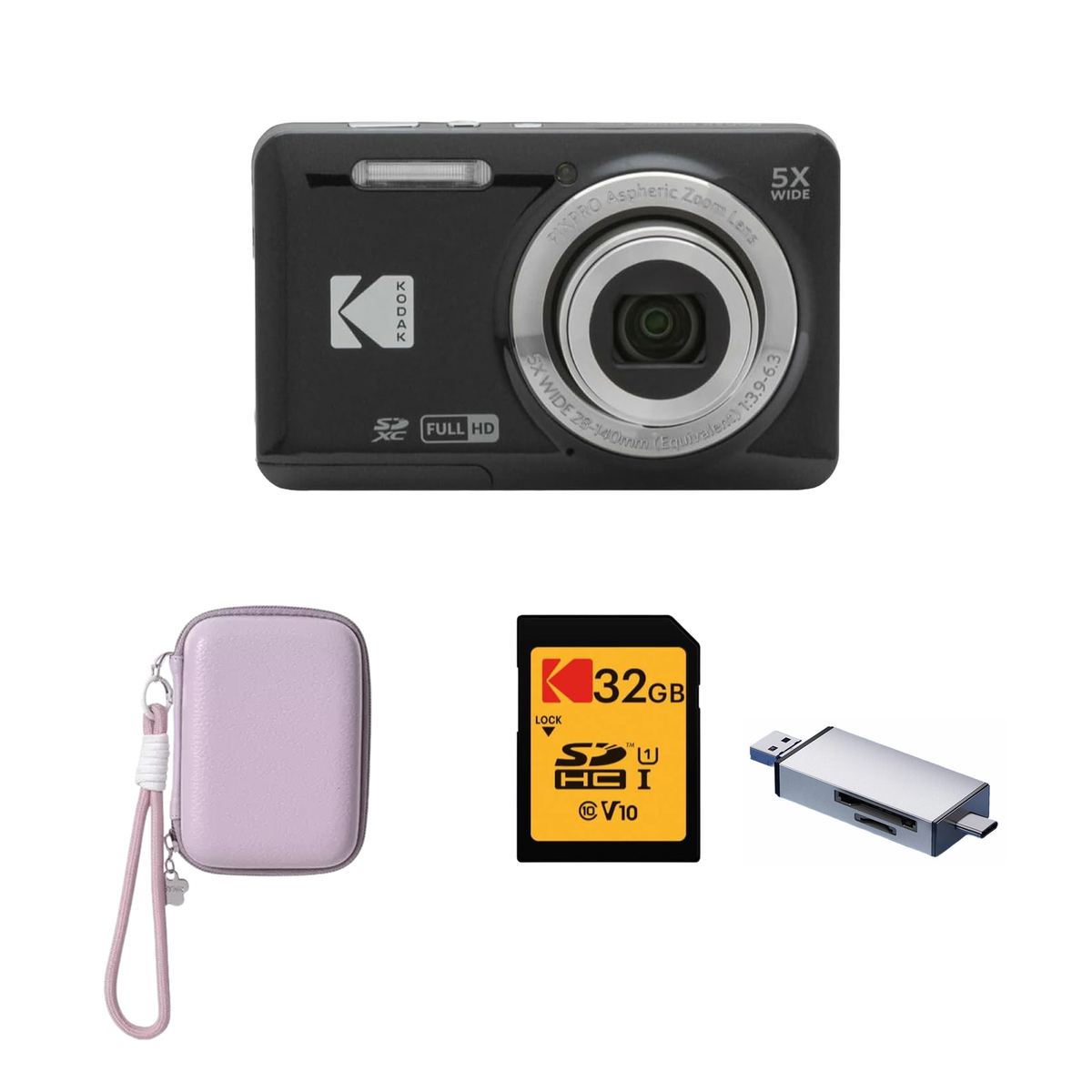 KODAK PIXPRO FZ55 Digital Camera, Black, Lilac Strap Carry Case, 32GB SD Card, Silver Card Reader Bundle - image 1