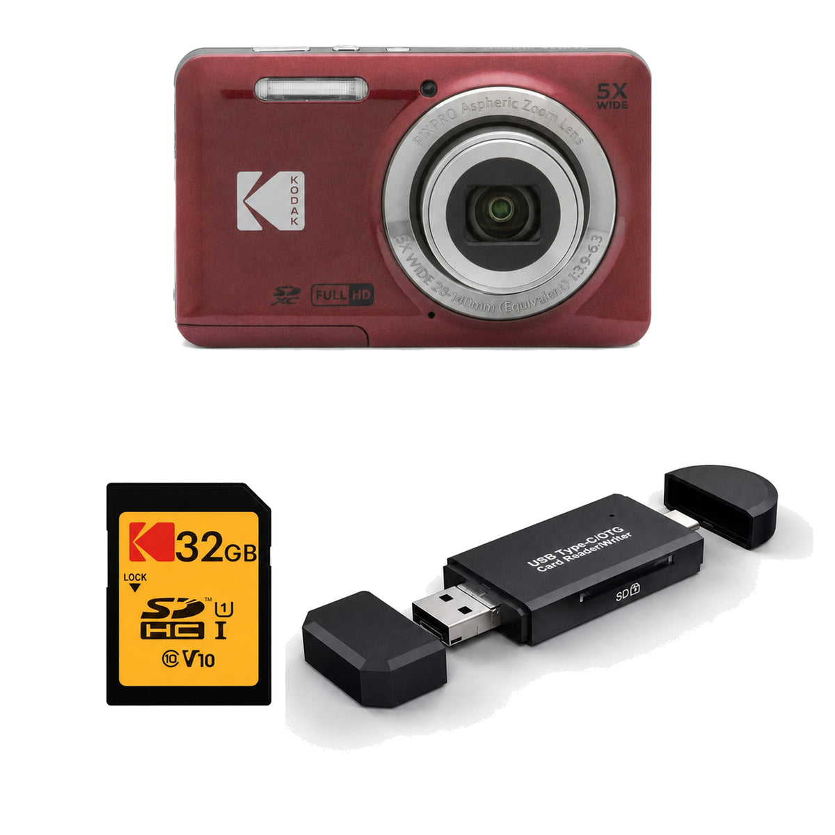 KODAK PIXPRO FZ55 Digital Camera, Red, 32GB SD Card, 3-in-1 Card Reader Bundle - image 1