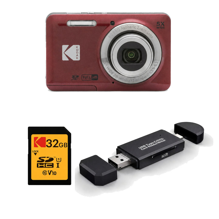 KODAK PIXPRO FZ55 Digital Camera, Red, 32GB SD Card, 3-in-1 Card Reader Bundle - image 1