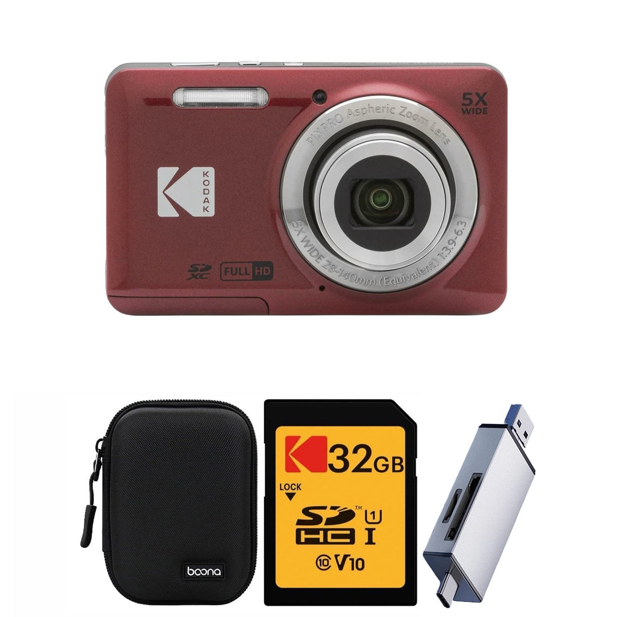 KODAK PIXPRO FZ55 Digital Camera, Red, Black Carry Case, 32GB SD Card, Silver Card Reader Bundle — image 1