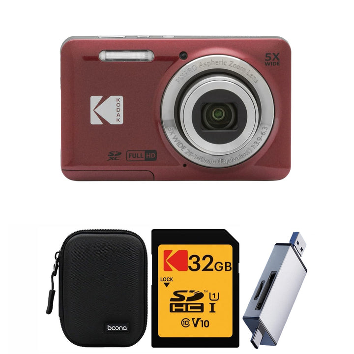 KODAK PIXPRO FZ55 Digital Camera, Red, Black Carry Case, 32GB SD Card, Silver Card Reader Bundle