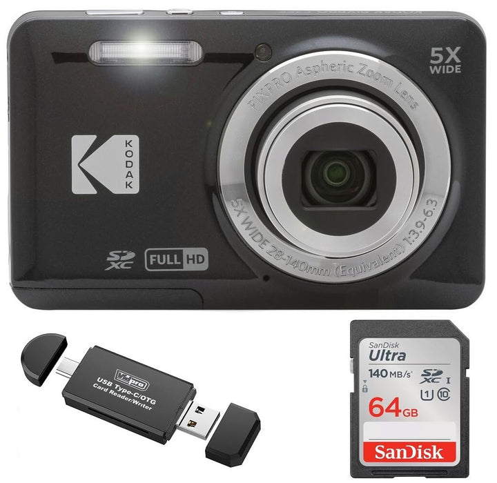 KODAK PIXPRO FZ55 Digital Camera, Black, 64GB SD Card, Black Card Reader Bundle