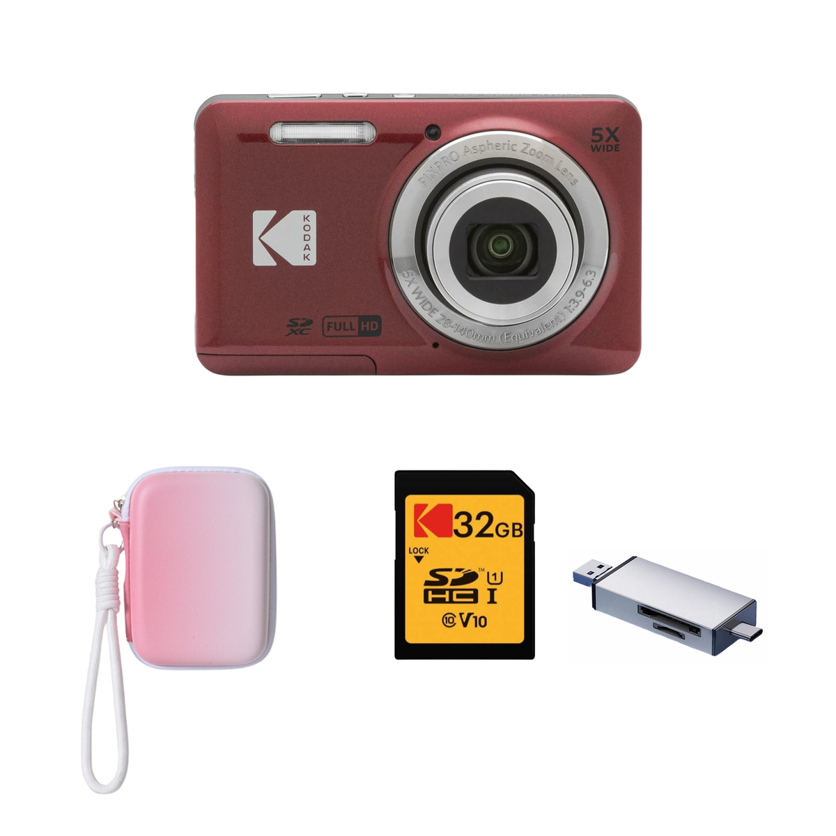 KODAK PIXPRO FZ55 Digital Camera, Red, Gradient Pink Strap Carry Case, 32GB SD Card, Silver Card Reader Bundle - image 1