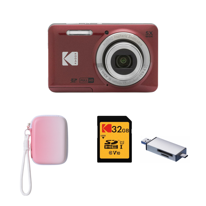 KODAK PIXPRO FZ55 Digital Camera, Red, Gradient Pink Strap Carry Case, 32GB SD Card, Silver Card Reader Bundle - image 1
