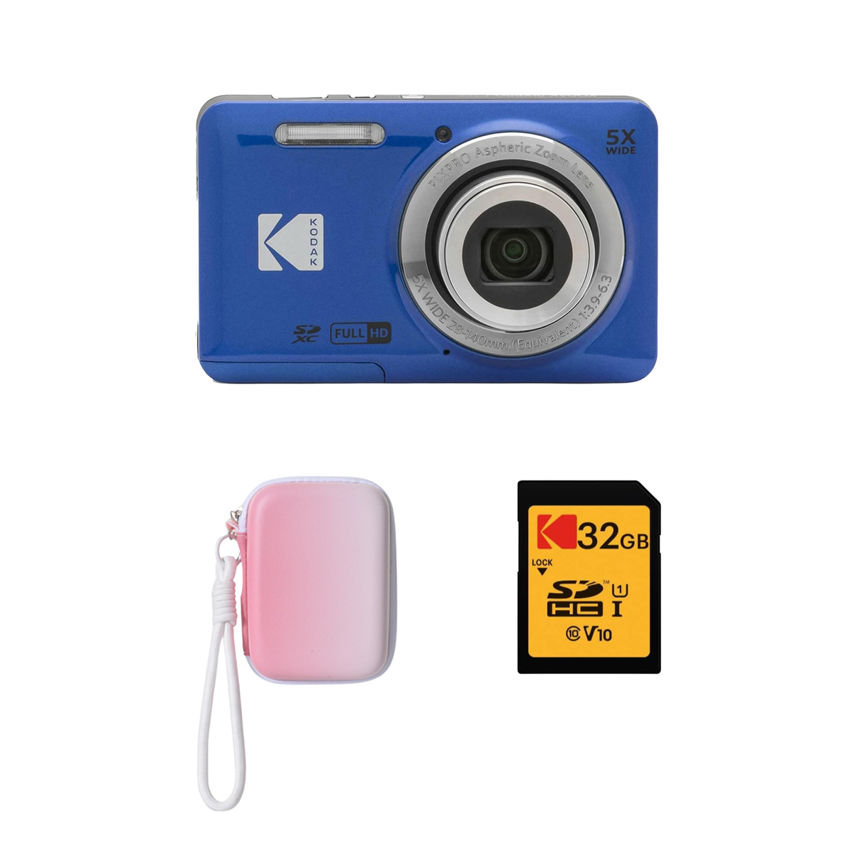 KODAK PIXPRO FZ55 Digital Camera, Blue, Gradient Pink Strap Carry Case, 32GB SD Card Bundle - image 1