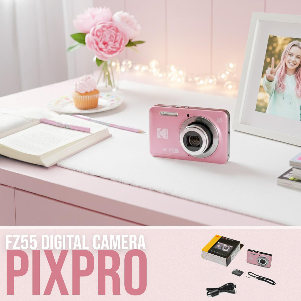 KODAK PIXPRO FZ55 Digital Camera, Pink, Red Strap Silicone Case, Tassel Charm Bundle — image 2