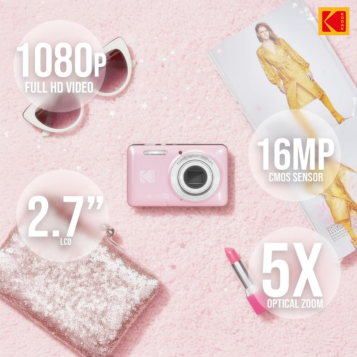 KODAK PIXPRO FZ55 Digital Camera, Pink, Black Carry Case Bundle — image 3